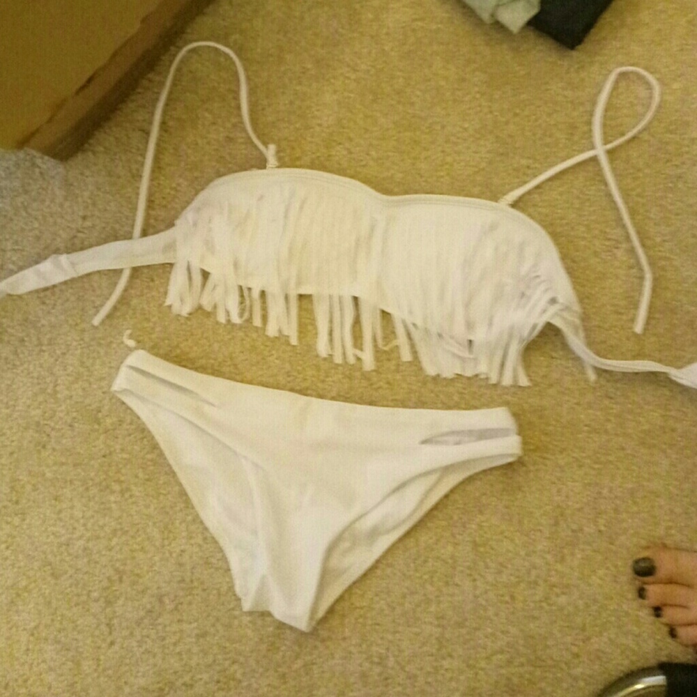White tubetop halter fringe bikini